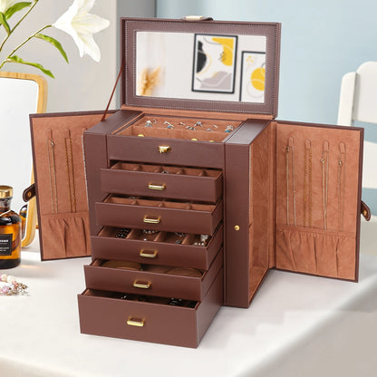 Jewelry Box - Large with Mirror PU Leather 6-Tier 5-Drawer Organizer Velvet-Lined - product detail view 11