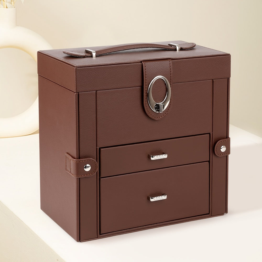 Jewelry Box - Leather with Mirror 3 Layers 2 Drawers Portable Travel Case for Necklaces - product detail view 3