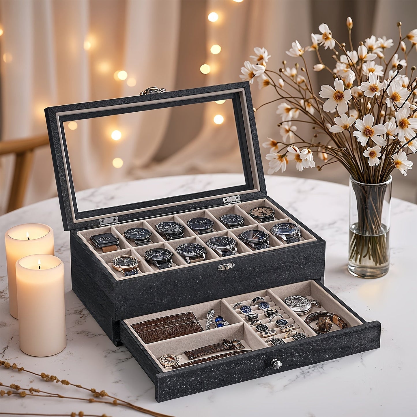 Jewelry Box - Watch 12-Slot 2-Tier Display Case with Glass Lid Removable Watch Pillows - product detail view 10