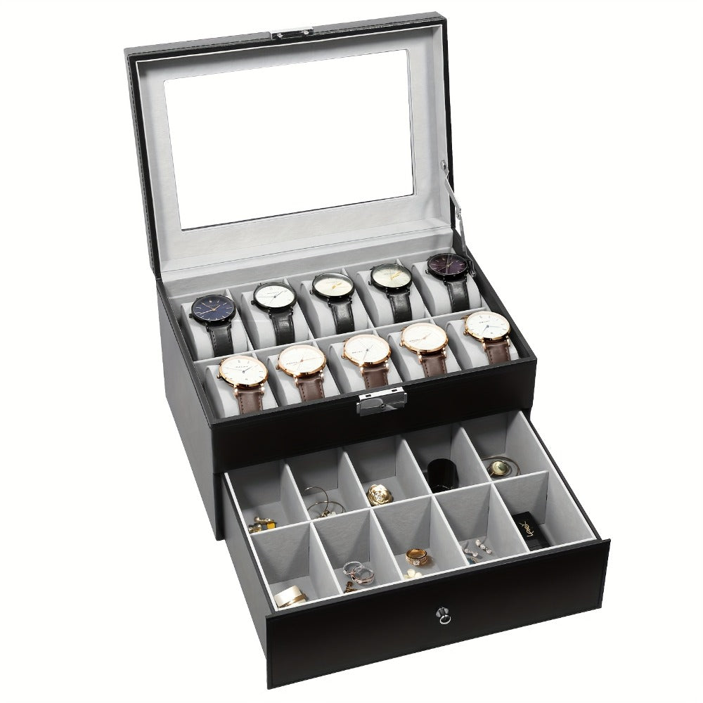 Jewelry Box - Watch 20 Slot Double Layer Glass Top Display Case with Velvet Lining & - product detail view 3
