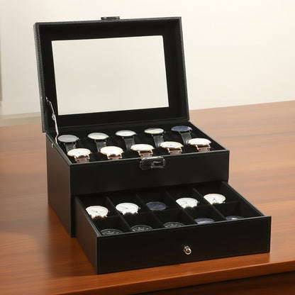 Jewelry Box - Watch 20 Slot Double Layer Glass Top Display Case with Velvet Lining & - product detail view 5