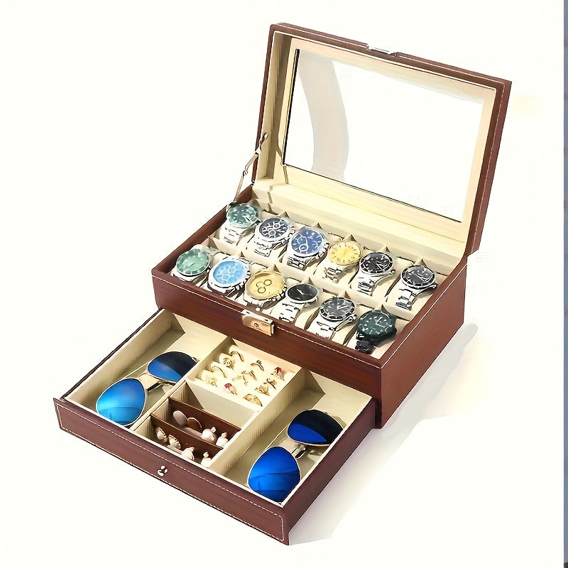 Jewelry Box - Watch with Drawer Glass Lid 2-Layer Watch Organizer 10 / 12 Slot Display - product detail view 15