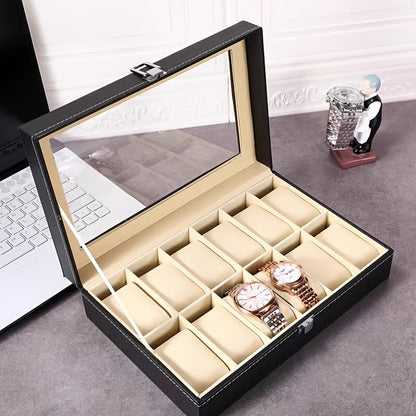 Jewelry Box - Watch with Drawer Glass Lid 2-Layer Watch Organizer 10 / 12 Slot Display - product detail view 16