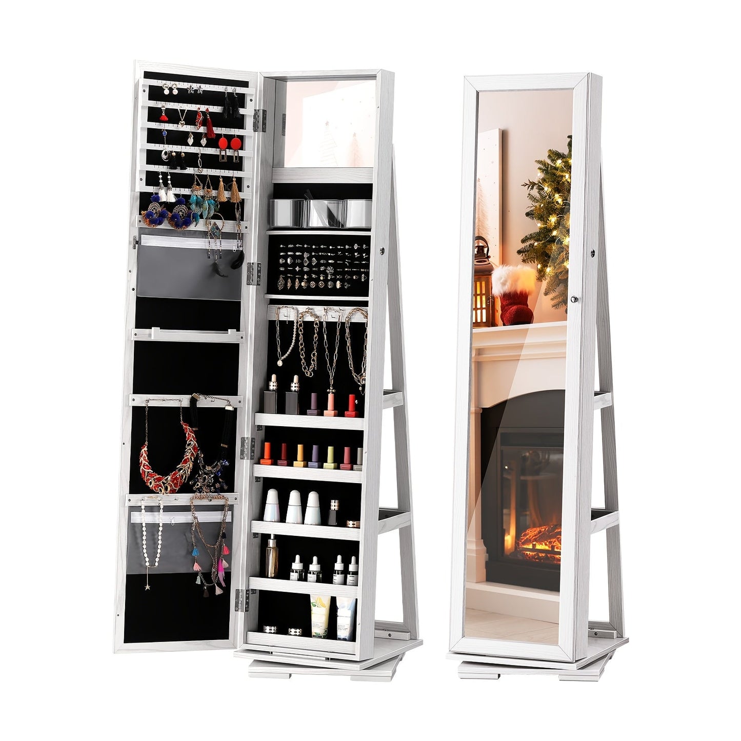 Jewelry Cabinet - 360 Rotating with Full Length Mirror Large Standing Armoire, Velvet - product detail view 11