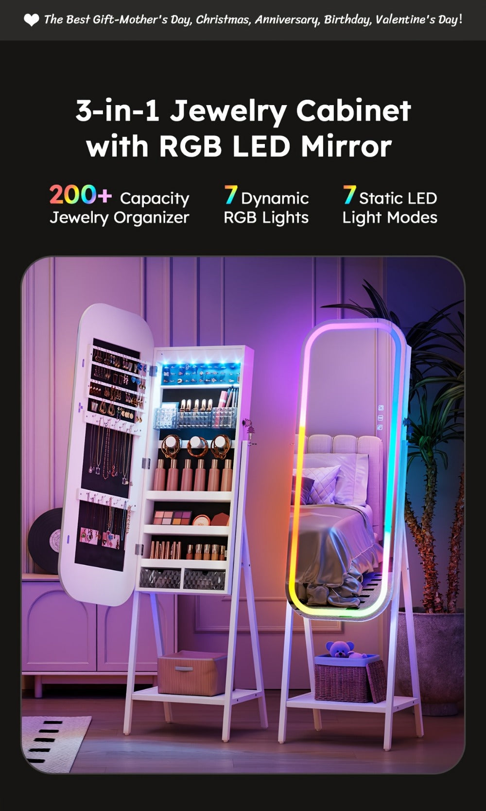 Jewelry Cabinet with LED Lighting for Organized Everyday Storage in Bedroom detail image - detail view 12
