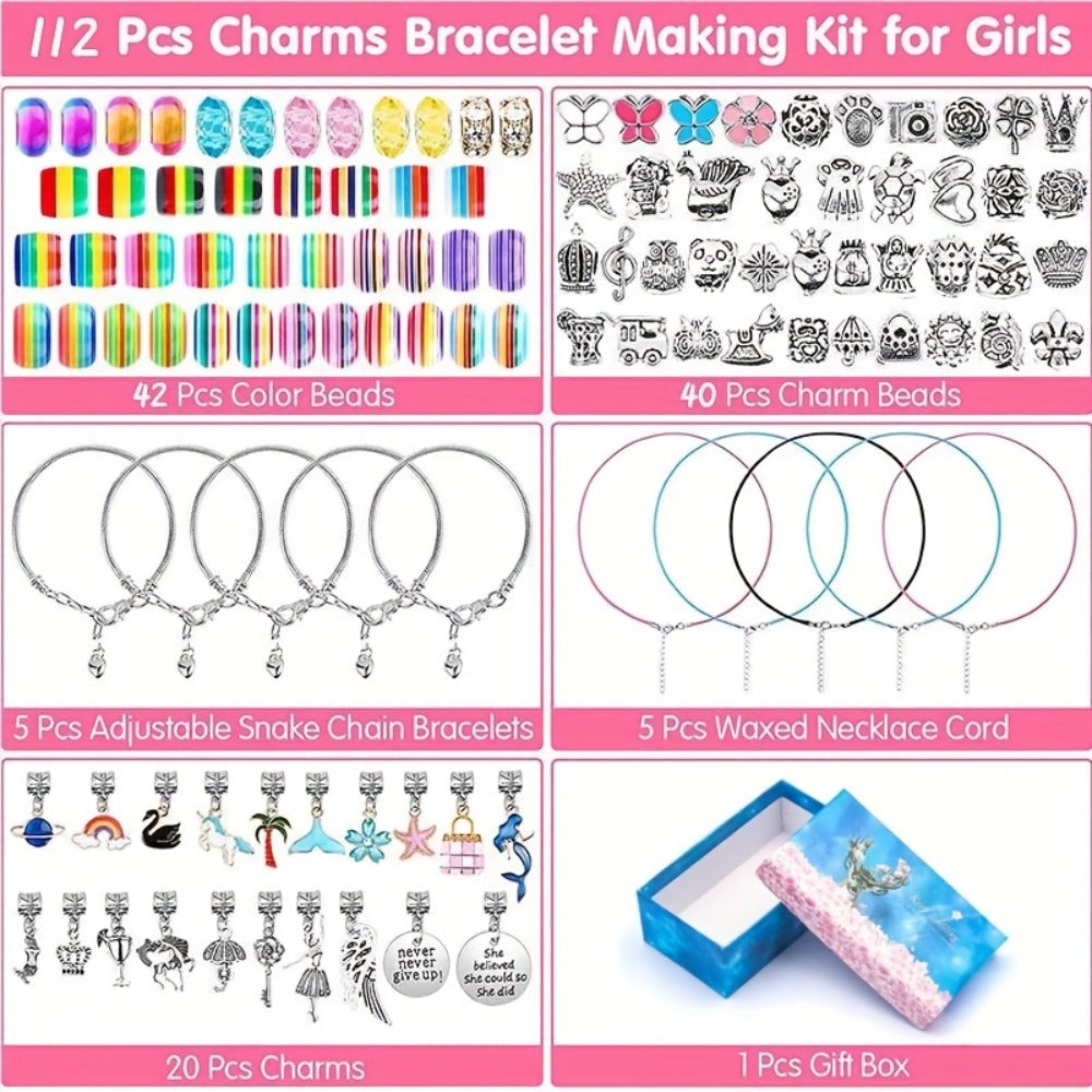Jewelry Making Kit - Charm Bracelet for Girls 112pcs Blue & Pink Hearts, Stars, Flowers & - product detail view 3