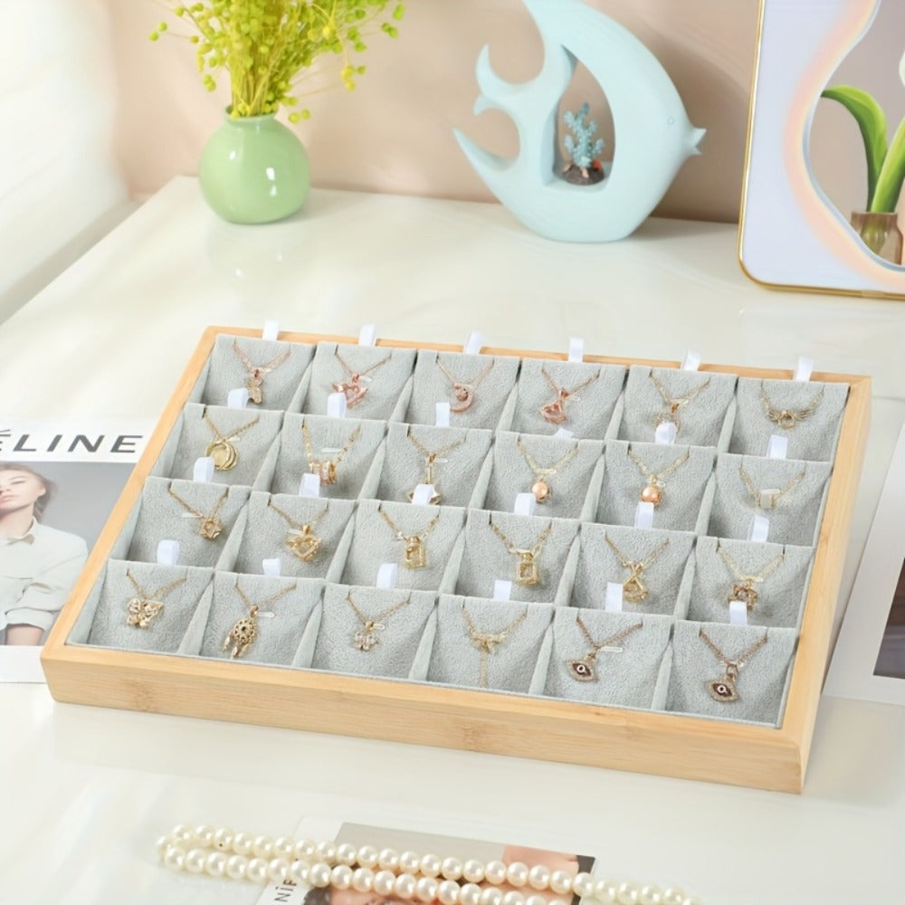 Jewelry Organizer - Tray Bamboo Wood 24 Grid Large Capacity Necklace & Pendant Display Rack - product detail view 5