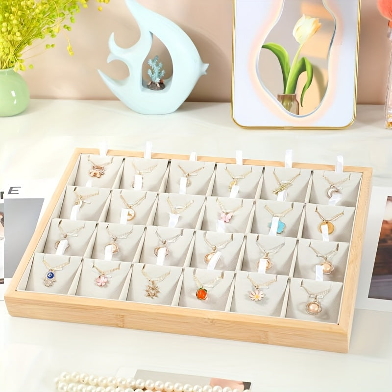 Jewelry Organizer - Tray Bamboo Wood 24 Grid Large Capacity Necklace & Pendant Display Rack - product detail view 14