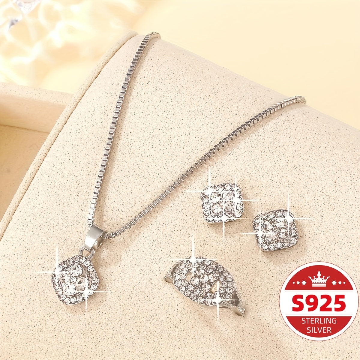 Jewelry Set for Women - Boho S925 Sterling Silver Rhinestone Necklace Earrings Ring 3 Piece - product detail view 6
