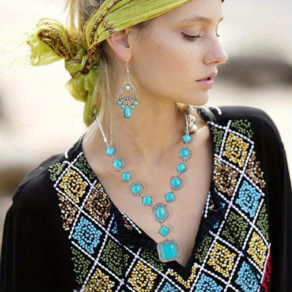 Jewelry Set for Women - Turquoise for Boho - 3 Piece Natural Stone Necklace Bracelet Earrings - product detail view 2