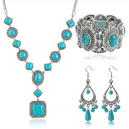 Jewelry Set for Women - Turquoise for Boho - 3 Piece Natural Stone Necklace Bracelet Earrings - product detail view 5