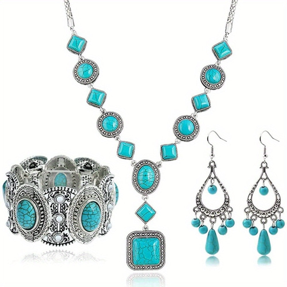 Jewelry Set for Women - Turquoise for Boho - 3 Piece Natural Stone Necklace Bracelet Earrings - product detail view 6
