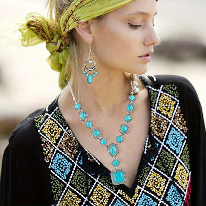 Jewelry Set for Women - Turquoise for Boho - 3 Piece Natural Stone Necklace Bracelet Earrings - product detail view 8