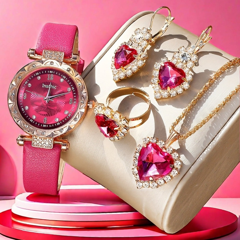Jewelry Set with Watch - & for Women 5-Piece Rose Red Rhinestone Quartz Wristwatch, Necklace - main product view