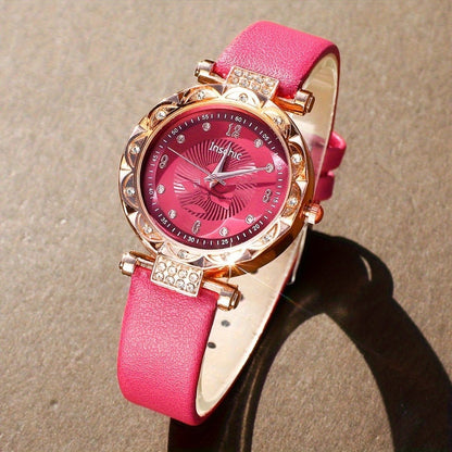 Jewelry Set with Watch - & for Women 5-Piece Rose Red Rhinestone Quartz Wristwatch, Necklace - product detail view 6