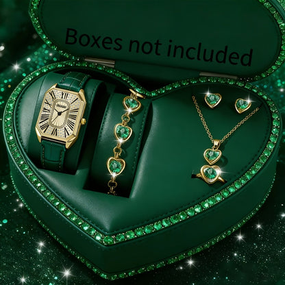 Jewelry Set with Watch - Women 6pcs Elegant Minimalist Quartz Square Dial Ladies with Heart Pendant - product detail view 3