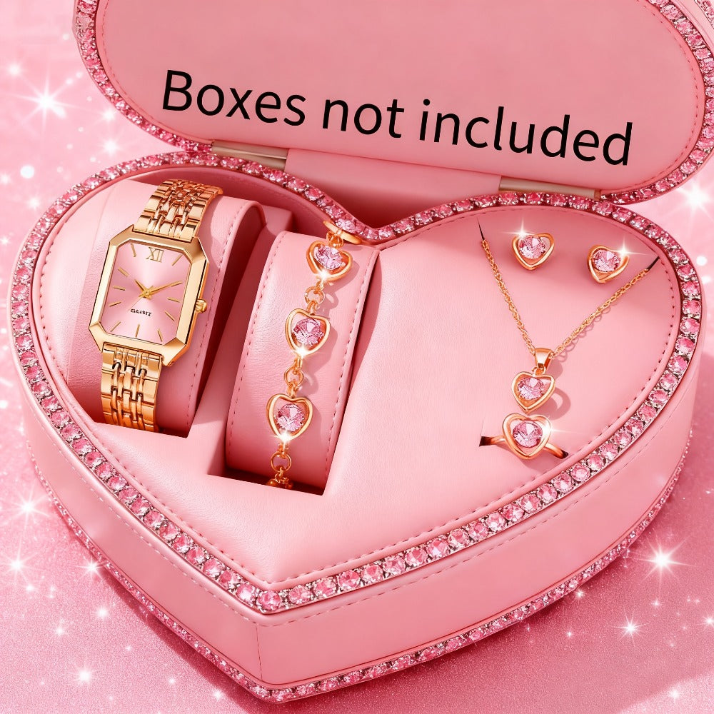 Jewelry Set with Watch - Women 6pcs Elegant Minimalist Quartz Square Dial Ladies with Heart Pendant - product detail view 13