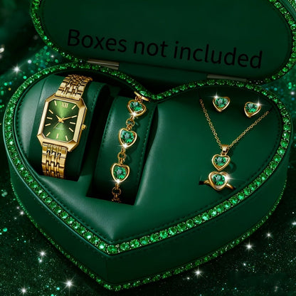 Jewelry Set with Watch - Women 6pcs Elegant Minimalist Quartz Square Dial Ladies with Heart Pendant - product detail view 21
