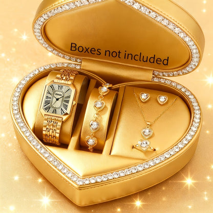 Jewelry Set with Watch - Women 6pcs Elegant Minimalist Quartz Square Dial Ladies with Heart Pendant - product detail view 54