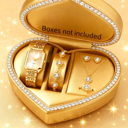 Jewelry Set with Watch - Women 6pcs Elegant Minimalist Quartz Square Dial Ladies with Heart Pendant - product detail view 60