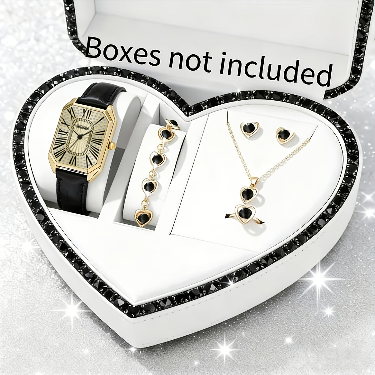 Jewelry Set with Watch - Women 6pcs Elegant Minimalist Quartz Square Dial Ladies with Heart Pendant - product detail view 62