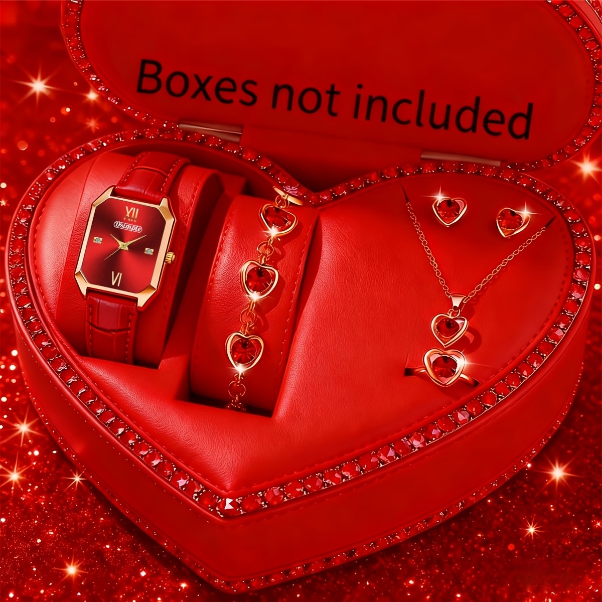 Jewelry Set with Watch - Women 6pcs Elegant Minimalist Quartz Square Dial Ladies with Heart Pendant - product detail view 63