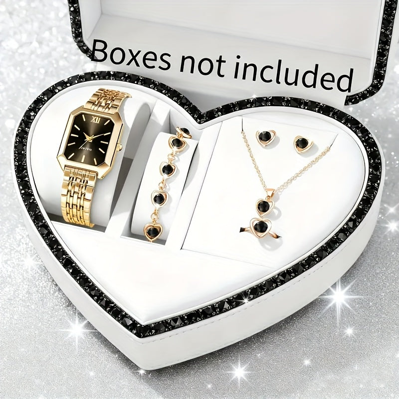 Jewelry Set with Watch - Women 6pcs Elegant Minimalist Quartz Square Dial Ladies with Heart Pendant - product detail view 64
