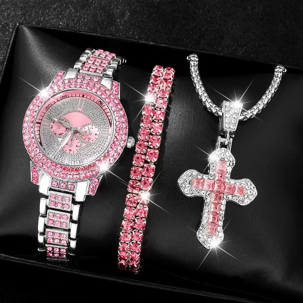 Jewelry Set with Watch - Fashion and 3Pcs - Rhinestone Ring Bracelet Gift for Women, Elegant Pink - product detail view 2