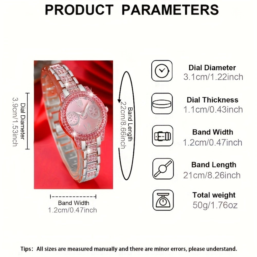 Jewelry Set with Watch - Fashion and 3Pcs - Rhinestone Ring Bracelet Gift for Women, Elegant Pink - product detail view 4