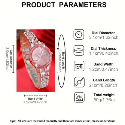 Jewelry Set with Watch - Fashion and 3Pcs - Rhinestone Ring Bracelet Gift for Women, Elegant Pink - product detail view 4