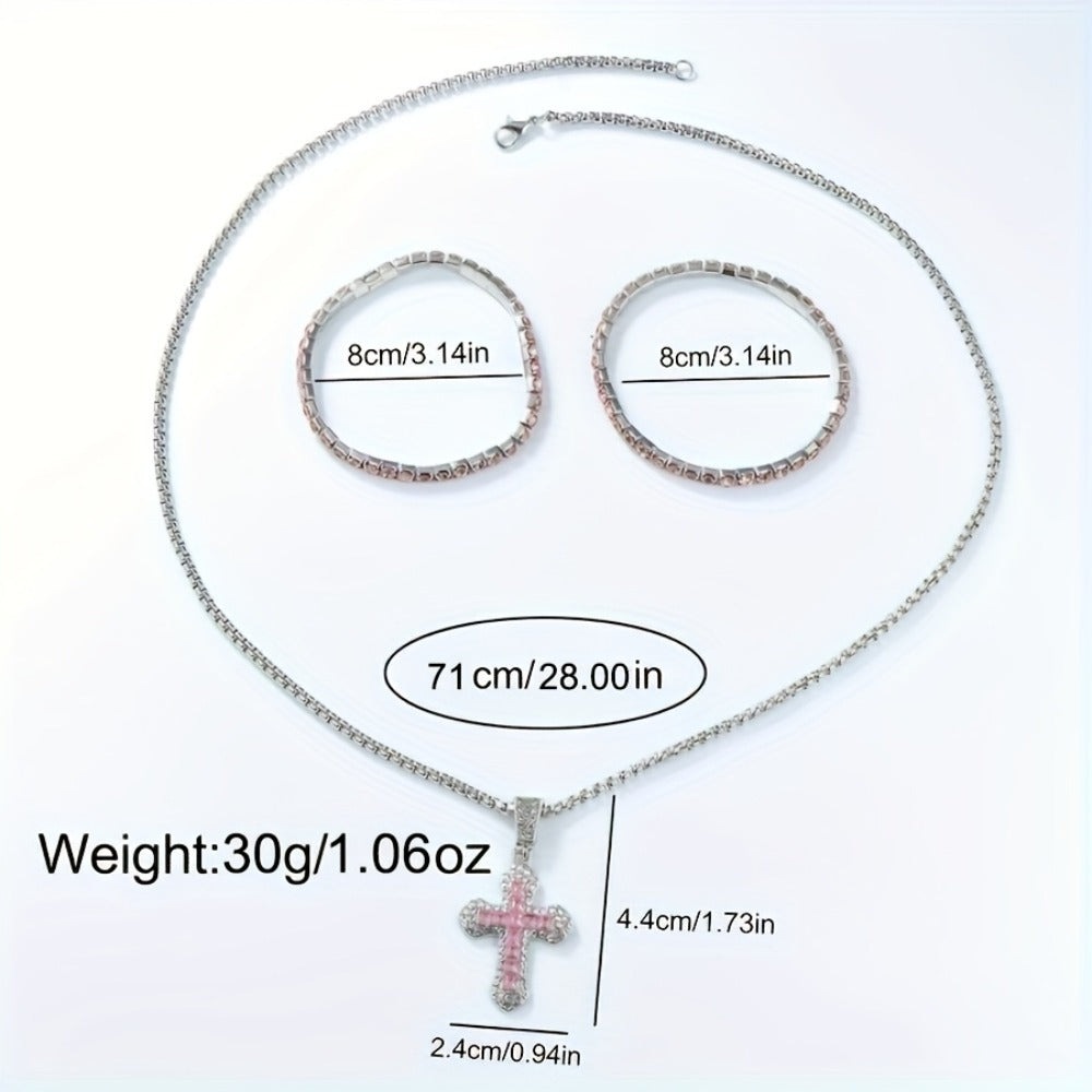 Jewelry Set with Watch - Fashion and 3Pcs - Rhinestone Ring Bracelet Gift for Women, Elegant Pink - product detail view 5