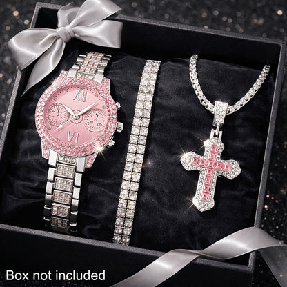Jewelry Set with Watch - Fashion and 3Pcs - Rhinestone Ring Bracelet Gift for Women, Elegant Pink - product detail view 6