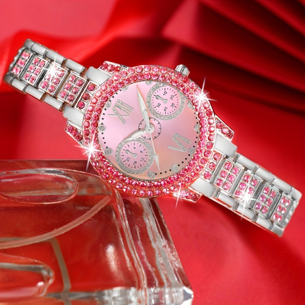 Jewelry Set with Watch - Fashion and 3Pcs - Rhinestone Ring Bracelet Gift for Women, Elegant Pink - product detail view 7