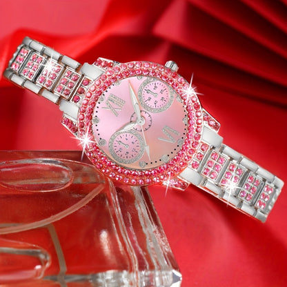 Jewelry Set with Watch - Fashion and 3Pcs - Rhinestone Ring Bracelet Gift for Women, Elegant Pink - product detail view 7