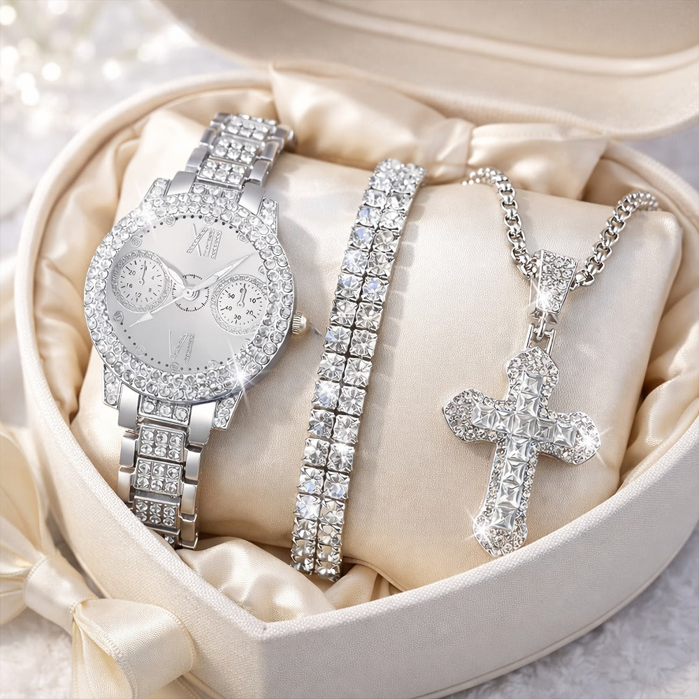 Jewelry Set with Watch - Fashion and 3Pcs - Rhinestone Ring Bracelet Gift for Women, Elegant Pink - product detail view 8