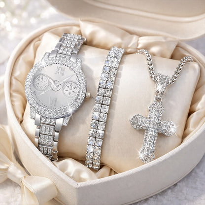 Jewelry Set with Watch - Fashion and 3Pcs - Rhinestone Ring Bracelet Gift for Women, Elegant Pink - product detail view 8