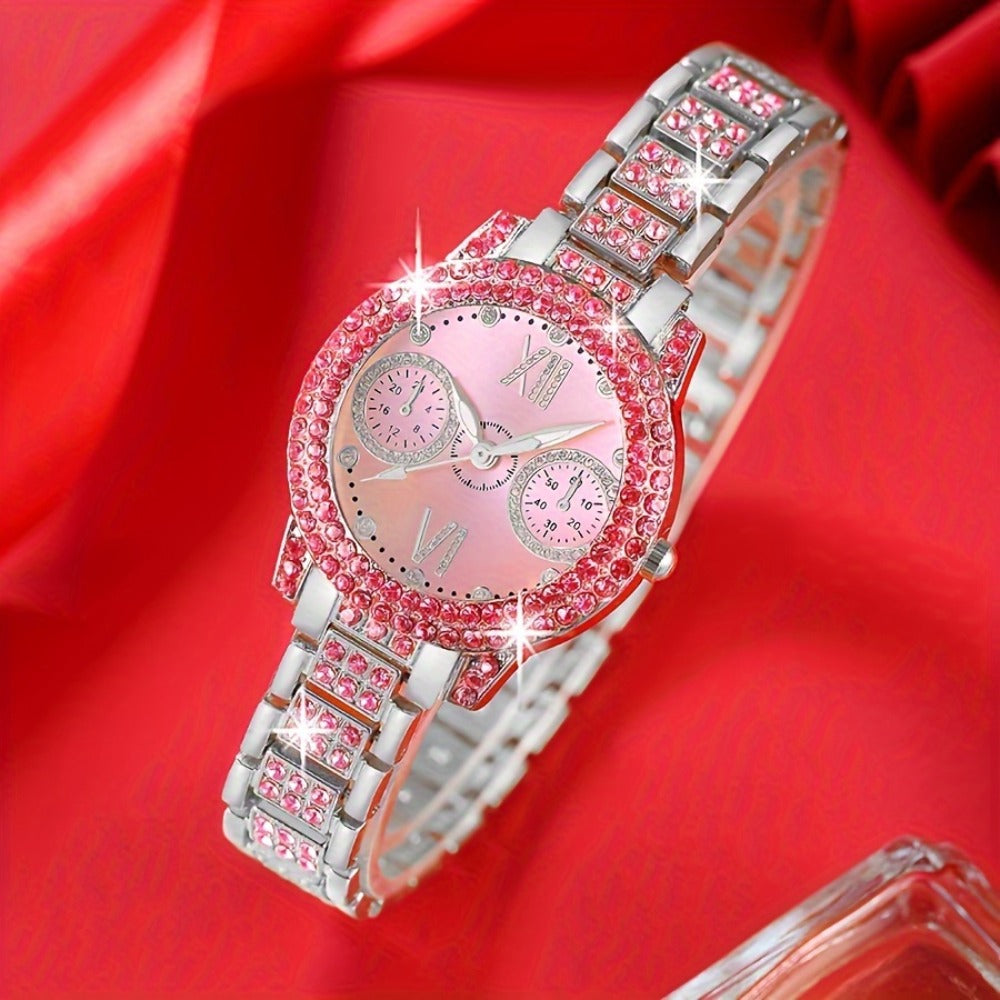 Jewelry Set with Watch - Fashion and 3Pcs - Rhinestone Ring Bracelet Gift for Women, Elegant Pink - product detail view 9