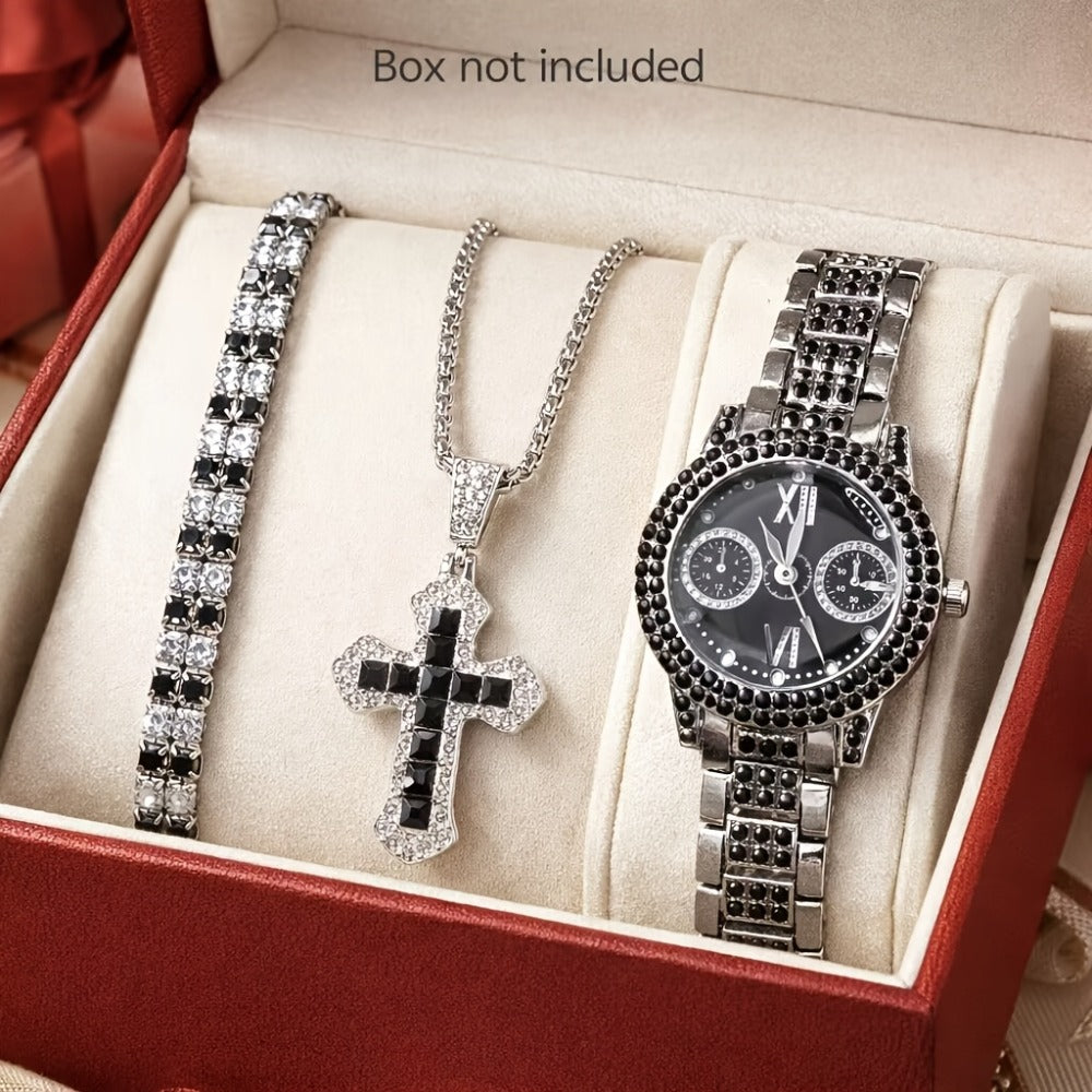 Jewelry Set with Watch - Fashion and 3Pcs - Rhinestone Ring Bracelet Gift for Women, Elegant Pink - product detail view 10