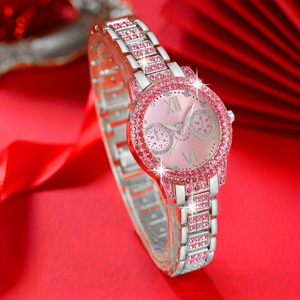 Jewelry Set with Watch - Fashion and 3Pcs - Rhinestone Ring Bracelet Gift for Women, Elegant Pink - product detail view 11