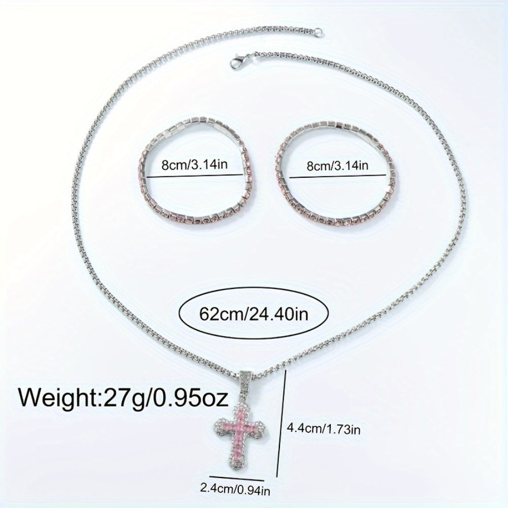 Jewelry Set with Watch - Fashion and 3Pcs - Rhinestone Ring Bracelet Gift for Women, Elegant Pink - product detail view 12