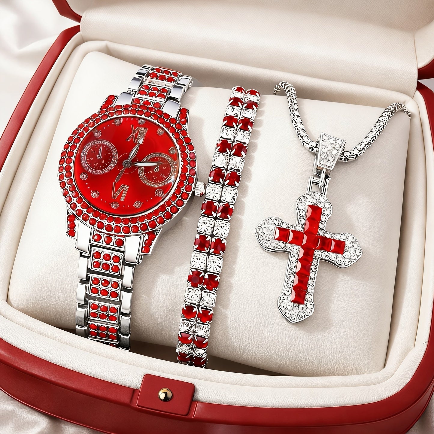 Jewelry Set with Watch - Fashion and 3Pcs - Rhinestone Ring Bracelet Gift for Women, Elegant Pink - product detail view 13