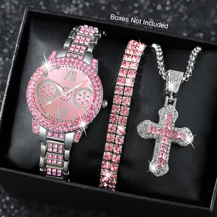 Jewelry Set with Watch - Fashion and 3Pcs - Rhinestone Ring Bracelet Gift for Women, Elegant Pink - product detail view 14