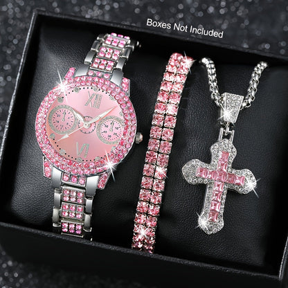 Jewelry Set with Watch - Fashion and 3Pcs - Rhinestone Ring Bracelet Gift for Women, Elegant Pink - product detail view 14