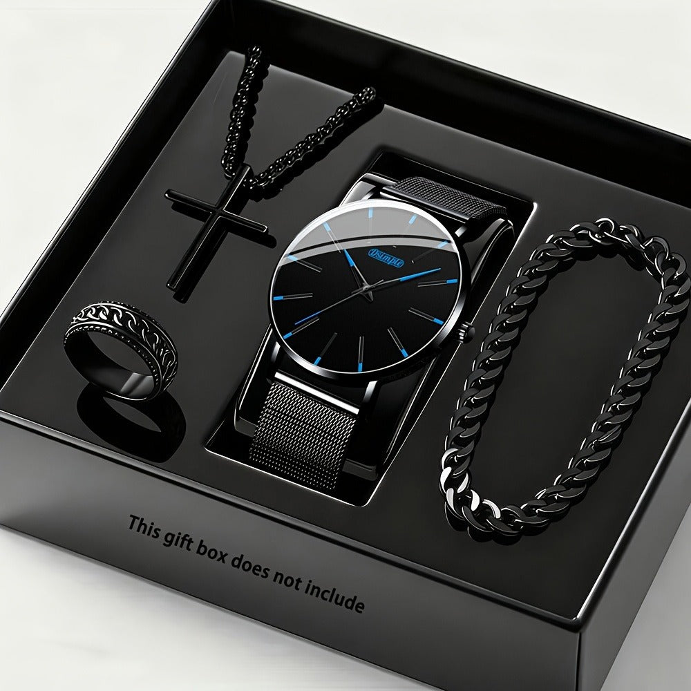 Jewelry Set with Watch - Luxury for Men 4pcs Quartz Analog Bracelet Necklace Gift Box Business - product detail view 2