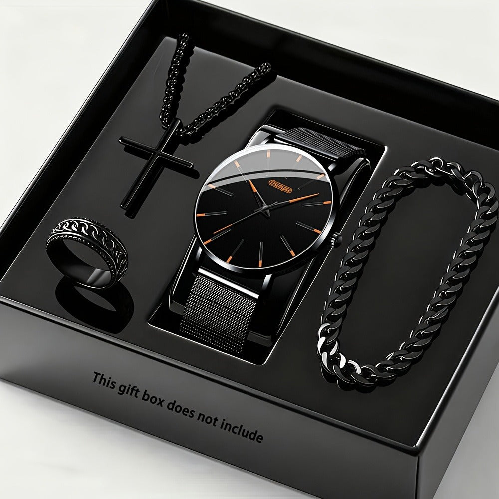 Jewelry Set with Watch - Luxury for Men 4pcs Quartz Analog Bracelet Necklace Gift Box Business - product detail view 5