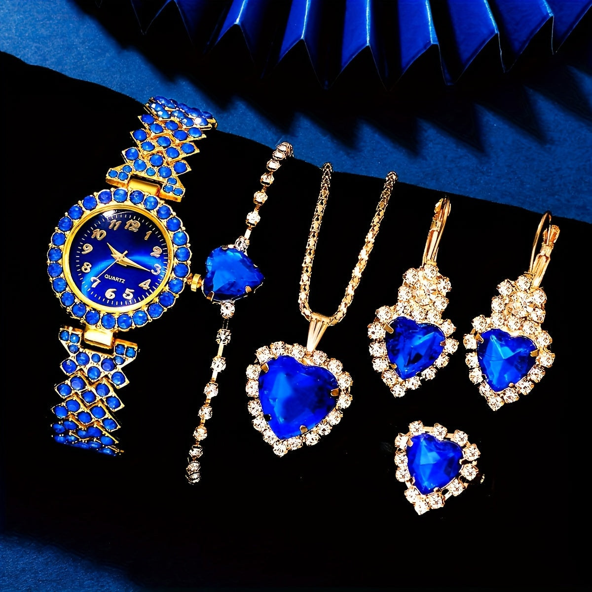 Jewelry Set with Watch - Quartz for Women 5 Piece Elegant Light Luxury Fashion & Blue Heart - product detail view 8