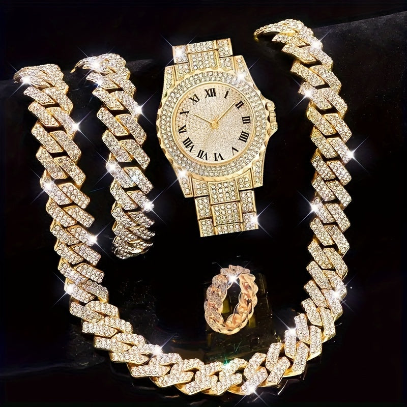 Jewelry Set with Watch - Men's 4pcs Lab Diamond & Gift Diamond-Inlaid Bracelet, Lab-Created Stone - product detail view 4