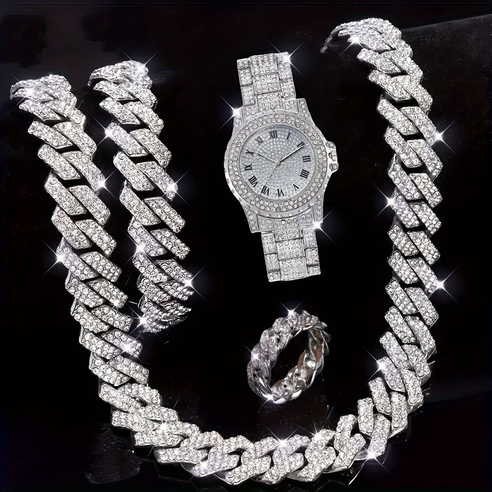 Jewelry Set with Watch - Men's 4pcs Lab Diamond & Gift Diamond-Inlaid Bracelet, Lab-Created Stone - product detail view 5