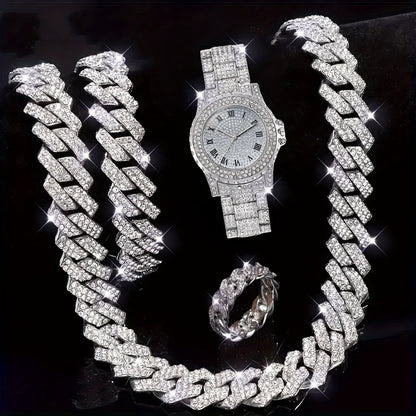 Jewelry Set with Watch - Men's 4pcs Lab Diamond & Gift Diamond-Inlaid Bracelet, Lab-Created Stone - product detail view 5