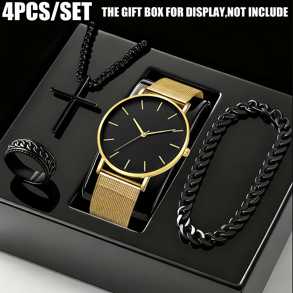 Jewelry Set with Watch - Men's & 4pcs Quartz , Ring, Necklace & Bracelet Fashion Accessory Bundle - product detail view 7